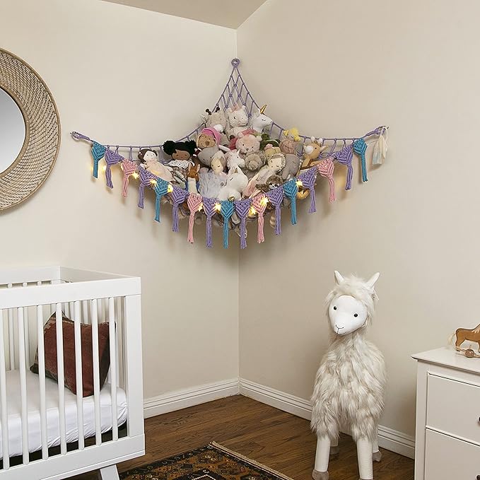 Extra Large Stuffed Animal Storage Hammock Corner with LED Lights – 25LB Capacity Hanging Toy Net for Small or Large Plushies, Boho Macrame Squishmallow, Plush Net, Purple