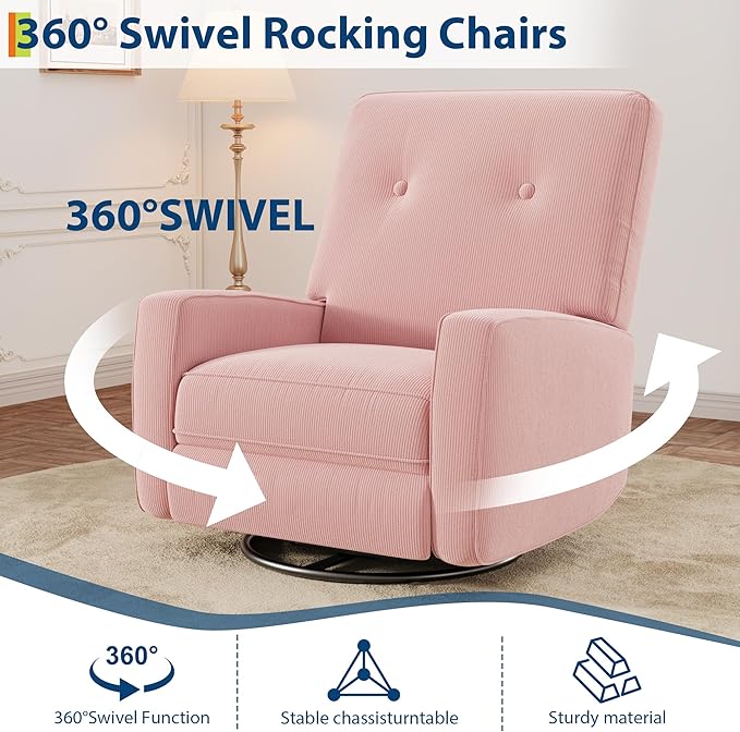 GarveeHome Recliner Chairs, Swivel Rocker Recliner, Glider Recliner Nursery Chair for Adults, 360° Swivel Glider Rocking Chair for Living Room, Bedroom, Office, RV, Small Spaces, Corduroy, Pink