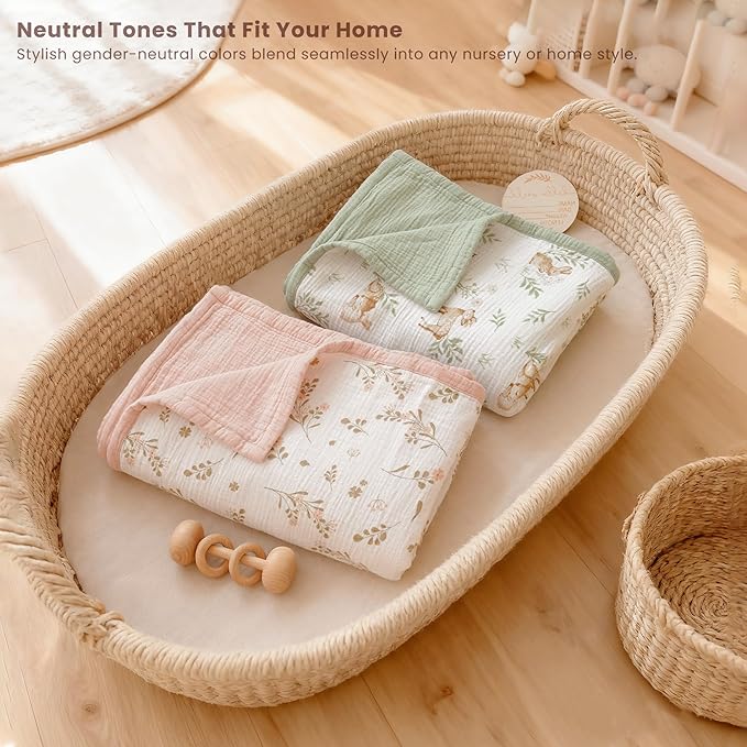 Konssy Muslin Baby Blankets for Girls Boys, 100% Cotton Crib Blanket for Infant Toddler, Super Soft and Lightweight Nursery Swaddling Wrap 47"x47" (Floral)