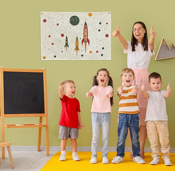 Outer Space Party Supplies Rocket Solar System Planet Themed Rectangular Banner Flag Wall Sign Decor Gift for Baby Boy Girl Kids,Nursery Above Crib Bedroom Playroom Reading Room Classroom Wall Decor