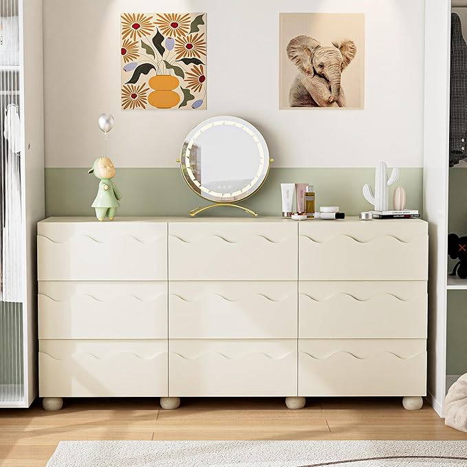 Anbuy Begie Scalloped Dresser for Bedroom with 9 Drawers, 63" Wide Modern Chest of Drawers with Hidden Handle, Wooden Dresser, Fluted Wood Closet Clothes Storage Organizer for Living Room, Hallway