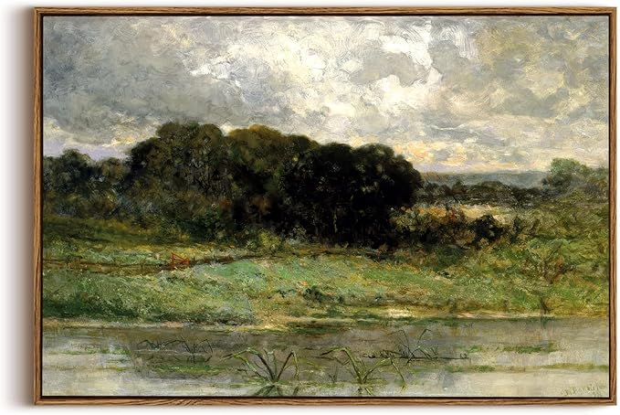 OIQArtOIQ Framed Vintage Landscape Wall Art Lake Natural Scenery Oil Painting Canvas Prints Country Farmhouse Decor Aesthetic Pictures for Kitchen Bedroom Living Room Bathroom