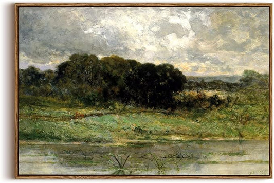 OIQArtOIQ Framed Vintage Landscape Wall Art Lake Natural Scenery Oil Painting Canvas Prints Country Farmhouse Decor Aesthetic Pictures for Kitchen Bedroom Living Room Bathroom