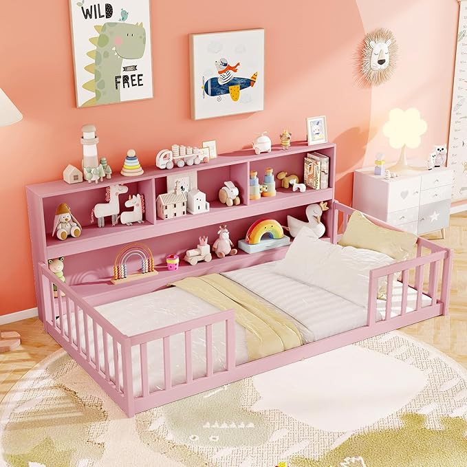 KOMFOTT Twin Floor Bed with Bookcase & Shelves, Wood Bed Frame with Bedside Bookshelves & Guardrails, Versatile 2-in-1 Montessori Floor Bed for Kids (Twin,Pink)