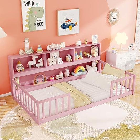 KOMFOTT Twin Floor Bed with Bookcase & Shelves, Wood Bed Frame with Bedside Bookshelves & Guardrails, Versatile 2-in-1 Montessori Floor Bed for Kids (Twin,Pink)