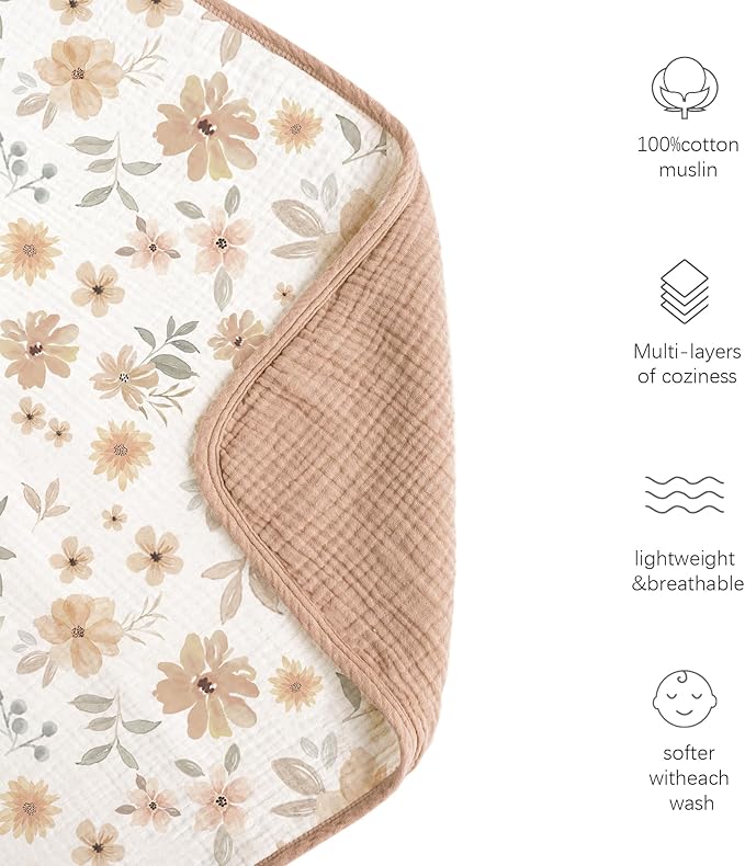 Konssy Muslin Baby Blankets for Girls Boys, 100% Cotton Crib Blanket for Infant Toddler, Super Soft and Lightweight Nursery Swaddling Wrap 40"x36" (Flourish)