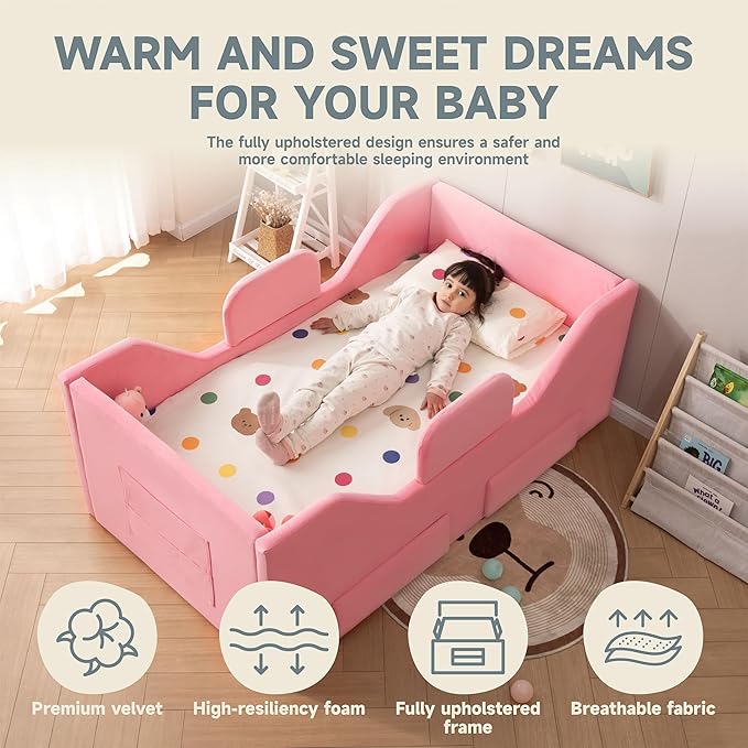 Toddler Bed Frame with 2 Drawer and Storage Bag, Kids Bed with Removable Safety Rails, Standard Crib Size Portable Beds, Safety Upholstered Child Beds for 1-6 Years Old