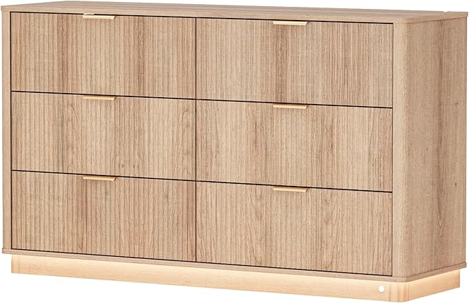 Fluted Dresser for Bedroom with 6 Drawers, 54" Wide Modern Chest of Drawers with Lighting, Wooden Dresser TV Stand with Curved Edges, Closet Organizer for Living Room, Hallway,Natural