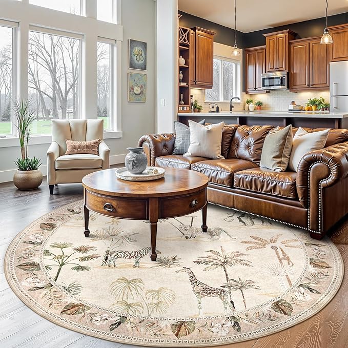 jinchan Round Rug 7ft Beige Jungle Animals Print Living Room, Machine Washable 7' Circle Modern Soft Non-Slip Forest Plant Kids Room Throw Area Rug, Low Pile Carpet for Dining Room Bedroom Playroom