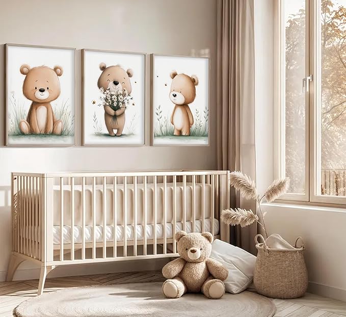 3Pcs Cute Bear Nursery Wall Art Cute Animals Flower Painting Picture Wall Decor Boho Teddy Bear Poster Print Artwork for Children Room Baby Room Nursery Boy Room Girl Room Home Decoration