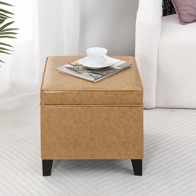 Adeco 17" Storage Ottoman Foot Rest Stool, Light Yellow Leather Ottoman with Black Solid Wood Legs and Hinged Lid, Small Foot Stool for Living Room, Bedroom