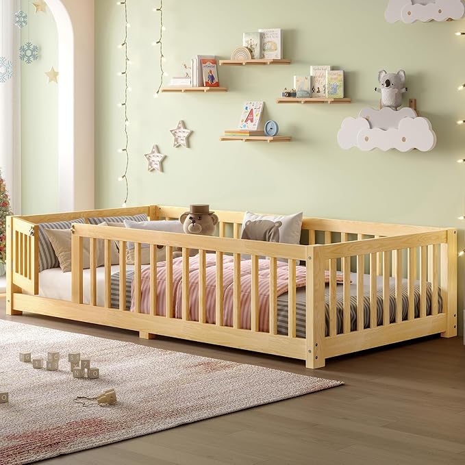 Bellemave Twin Size Floor Bed with Rails for Kids, Girls, Boys, Pine,Plywood Floor Bed with slats and Door, Natural