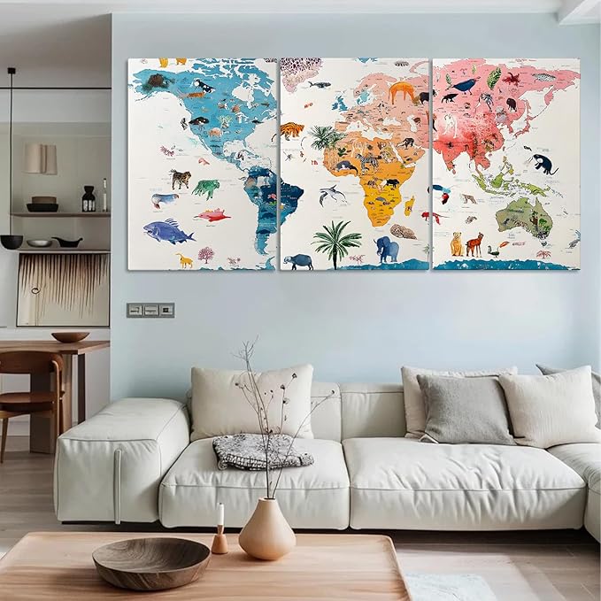 Hotuijxca Animal World Map Wall Art, Nursery World Map Canvas Wall Art, Nursery Animal Maps Wall Decor for Living Room, Bedroom, Children's room (24" x 36" x 3 pcs)