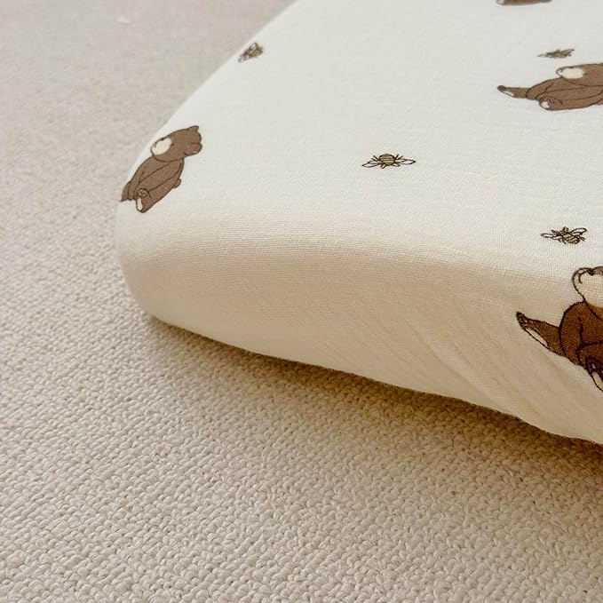 BuLuTu Muslin Cotton Crib Sheets Neutral Baby Boys Girls, 2 Pack Fitted Sheets for Standard Mattress 52"x28", Cute Animal Print Toddler Bed Sheet Nursery Decor, Bear & Duck