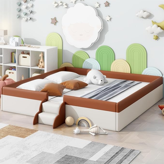 Merax Upholstered Kids' Daybed, Daybed Frame with Fence and Stairs, No Box Spring Needed, King Size, Brown+White