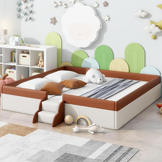 Merax Upholstered Kids' Daybed, Daybed Frame with Fence and Stairs, No Box Spring Needed, King Size, Brown+White