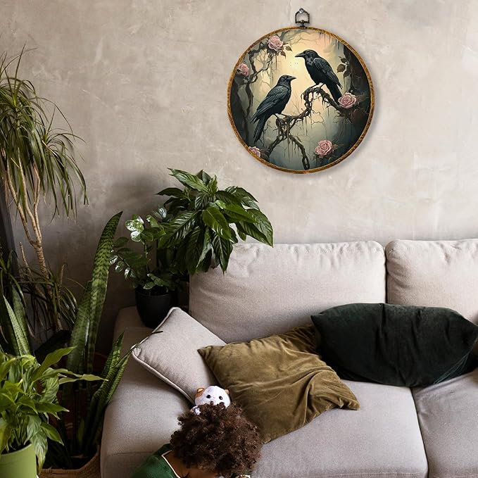 Hiuwevt Gothic Mystical Floral Two Ravens Round Wall Art Decor, Spooky Forest Black Crow Hanging Canvas Prints Artwork Framed, Dark Academia Goth Circular Wall Decor for Home Room, 10x10 Inch