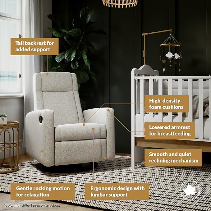 Jaymar Nelly Modern Nursery Glider Recliner Chair – Cozy Nursing Chair with 360° Swivel for New Parents, Gentle Motion, Compact Design, Lumbar Support – Made in Canada (Sand/Como Fabric)