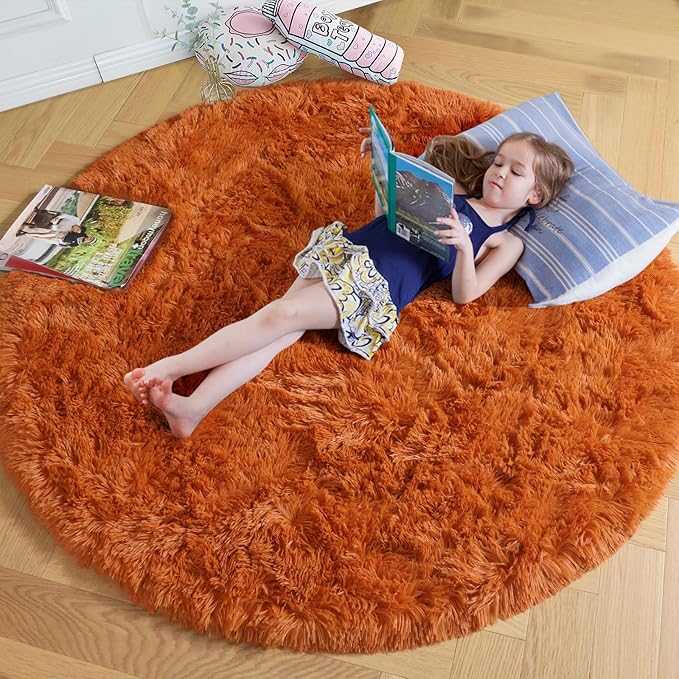 Amdrebio Burnt Orange Round Circle Rug 6Ft for Bedroom Living Room, Fluffy Shaggy Furry Fuzzy Area Rugs for Kids Room Decor Aesthetic, Large Plush Shag Dark Orange Carpet for Nursery Dorm Classroom