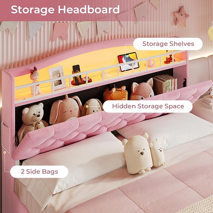 BTHFST Full Bed Frame with Storage Headboard & 4 Drawers, Girl Upholstered Storage Bed with LED Lights & Charging Station, No Box Spring Needed, Easy Assembly, Pink