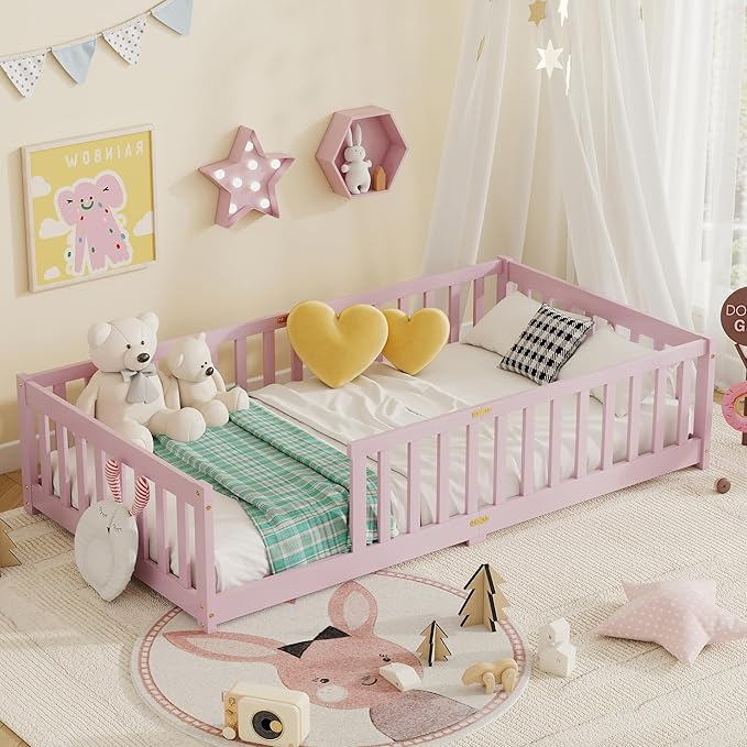 Twin Size Floor Bed for Kids, Wood Montessori Floor Beds with Fence Railings and Slats Support, Twin Playhouse Bed Frame for Boys Girls, No Box Spring Needed, Pink