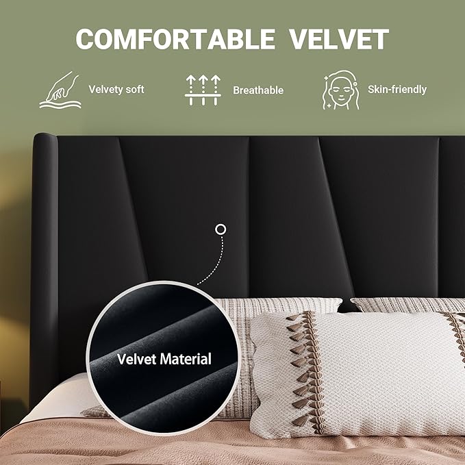 Allewie Full Size Platform Velvet Bed Frame with Geometric Wingback Headboard, Boho Upholstered Bed with Wooden Slats Support, No Box Spring Needed, Easy Assembly, Black