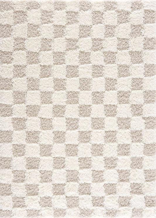 BoutiqueRugs Atira Checkered Shag Area Rug - Cream, Light Beige, Light Brown - 9'2" x 12'