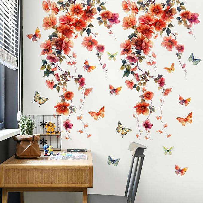 2 Sheets Removable Hanging Red Vine Flowers Wall Decal DIY Colorful Flying Butterfly Wall Decal Self-Adhesive Art Decor for Girls Room Living Room Bedroom Office TV Backdrop Home Decor