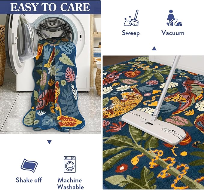 LEEVAN Washable Tiger Rug 2x3 Bathroom Rugs Non Slip Scalloped Blue Entryway Mat Leopard Front Door Mat Low Pile Rug Pad for Porch Soft Jungle Laundry Mat