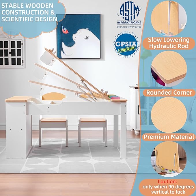 Kids Art Table and Art Easel Table & 2 Chair Set, 2 in 1 Toddler Craft and Play Wood Activity Table with Storage Bins and Paper Roll (Natural & White)