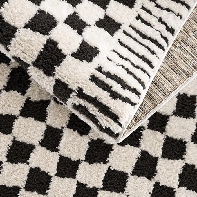 Hauteloom Leryn Contemporary Checkered Runner Rug - Modern Geometric Bordered Carpet for Hallway, Kitchen - Checkboard Design - Square Tiles - High Pile - Black and White - 2'8" x 7'3" (2x8)