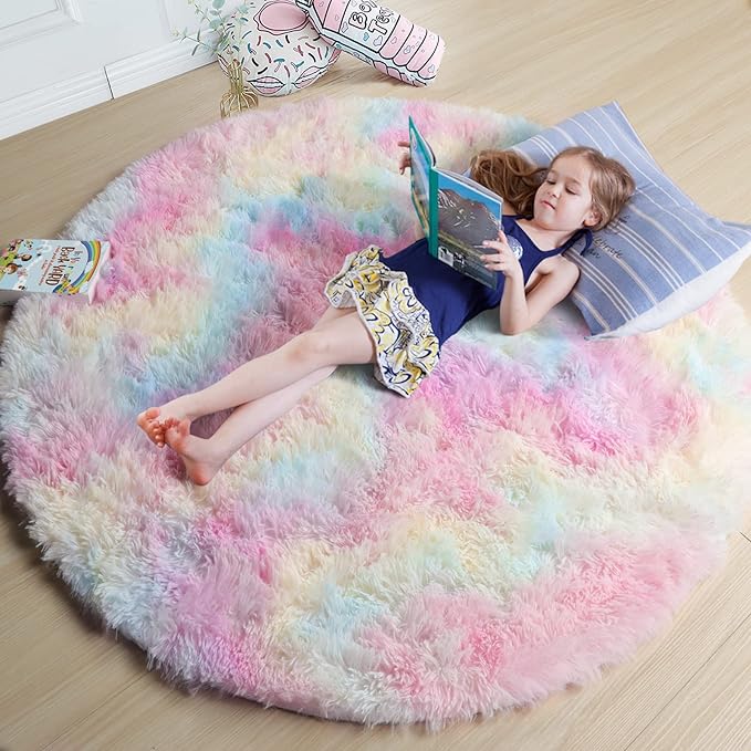 Amdrebio Rainbow Fluffy Small Round Rug 3Ft Kids Rugs for Girls Bedroom, Unicorn Room Decor, Colorful Pastel Shag Carpet for Dorm, Soft Cute Fuzzy Kawaii Circle Area Rugs for Baby Nursery, Playroom