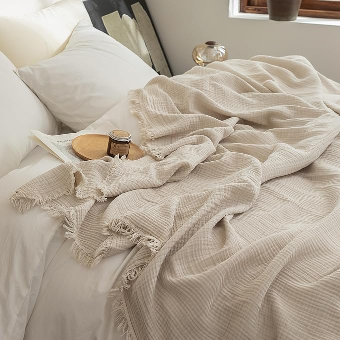 FOSSA Muslin Blanket with Fringe - 4-Layer 100% Cotton Gauze Super Soft & Breathable Throw -Lightweight Decorative Cooling Blanket for Bed, Sofa, Office (Beige, Queen (90" × 90"))