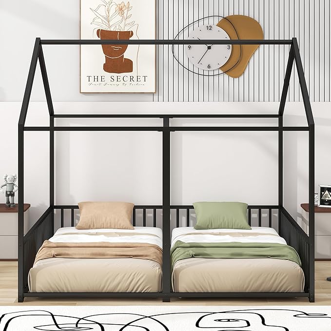 Harper & Bright Designs Metal Twin Size House Platform Bed Frame for Boys Girls Kids Adults Toddler, Two Shared Beds, Black