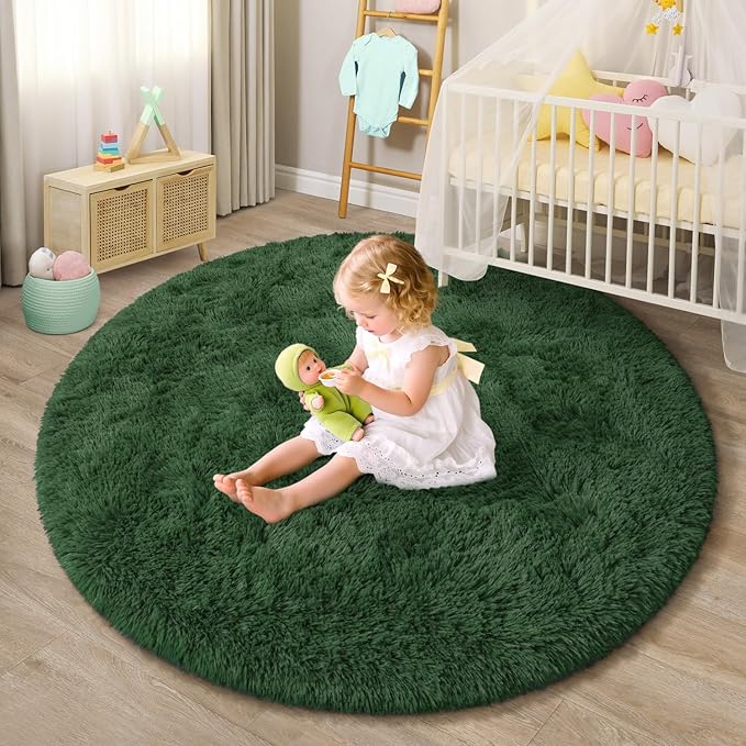 EVOIONOS Green Round Rug for Bedroom, 4x4 Ft Fluffy Soft Circle Area Rugs for Living Room, Plush Shaggy Circular Carpet for Indoor Floor Bedside Kids Nursery, Machine-Washable Home Decor Aesthetic