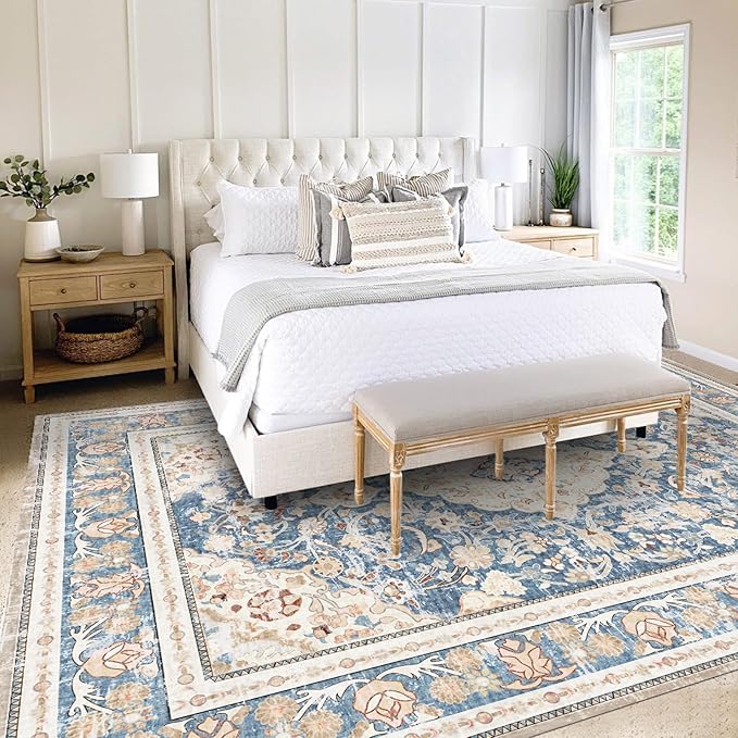 Vhong Washable Area Rugs Boho Vintage Modern Neutral Large Carpet Blue High Traffic Rugs 9×12 for Dinning Room Living Room Bedroom Farmhouse Non Slip