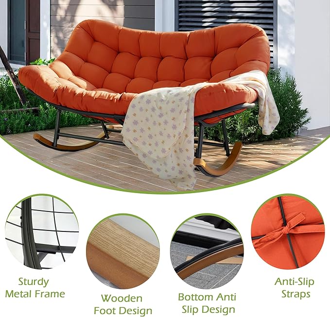 Double Papasan Rocking Chair Outdoor & Indoor, 660LBS Capacity Oversized Patio Rocking Chair for 2-Person with Thick Cushion and Frame, Egg Rocking Chair for Garden, Deck, Living Room, Red