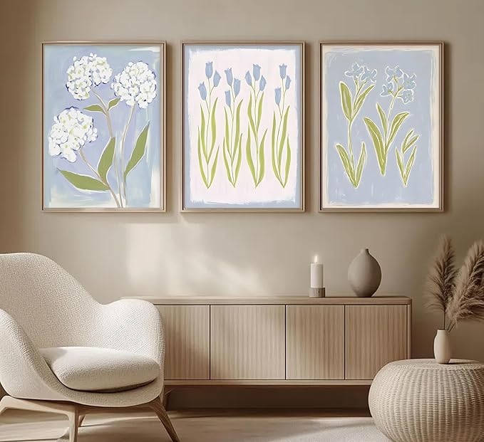 3Pcs Blue Green Tulip Hydrangea Flower Wall Art Flowers Plant Aesthetics Painting Picture Decor Elegant Preppy Poster Print Artwork for Living Room Gallery Bedroom Dorm Home Decoration