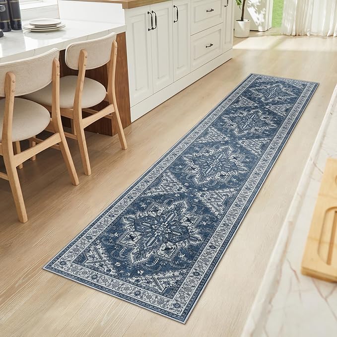 WITSHOCK 2x10 Long Runner Rug for Hallway: Washable Rug Distressed Boho Soft Low Pile Stain Resistant Foldable Carpet for Bedroom Kitchen Entryway Indoor Entrance Farmhouse Decor, Blue, 24″x120″