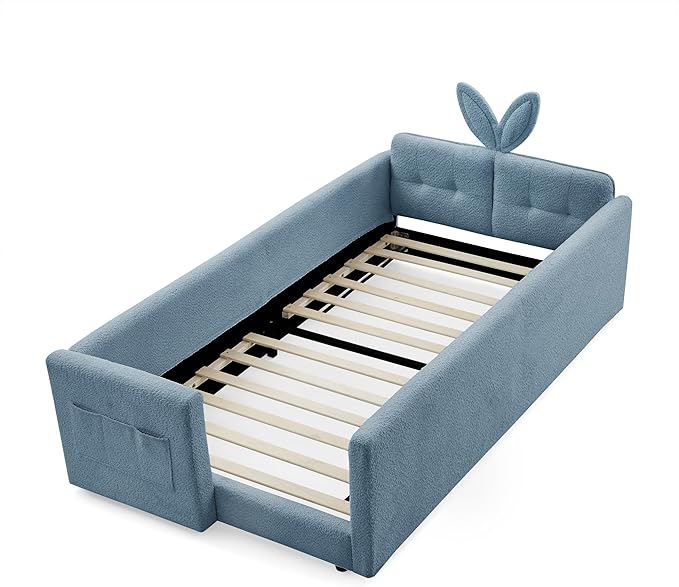 Twin Size Upholstered Platform Bed with Safety Guardrail and Cute Rabbit Ear Shaped Headboard, Boucle Fabric Montessori Kids Bed with Pocket and Sturdy Slats Support (Baby Blue-7.24)