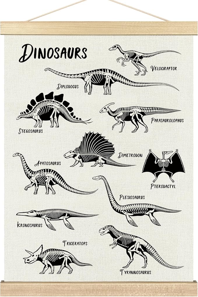 BCUANGD Dinosaur Dino Skeleton Wall Decor - Baby Toddler Boys Room Wall Art Poster Hanger with Wood Frames, Inspirational Wall Hanging Canvas Decor for Kids Room Playroom Nursery Bedroom, 12x16 Inches