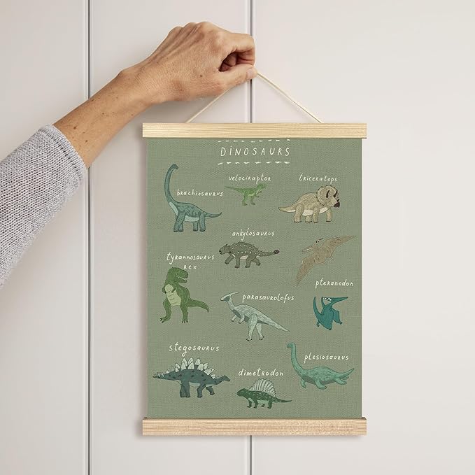 BCUANGD Dinosaur Dino Wall Decor - Light GreenBaby Toddler Boys Room Wall Art Poster Hanger with Wood Frames, Inspirational Wall Hanging Canvas Decor for Kids Room Nursery Bedroom, 12x16 Inches