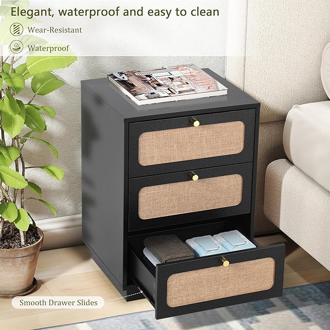 Modern Black Wood Nightstand Set of 2, 16" Small Night Stand with 3 Storage Drawer for Bedroom, Farmhouse Linen Decor Side End Table for Bedside, Living Room, Home Office (Black)