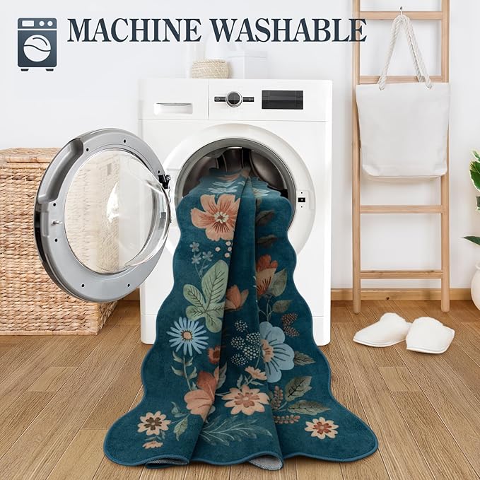 Lahome Floral Machine Washable Rug, 3x5 Rug Non Slip Soft Bedroom Rugs for Entryway Dorm, Ultra-Thin Boho Rugs for Living Room Stain Resistan Throw Carpet for Nursery Entrance, Navy Blue