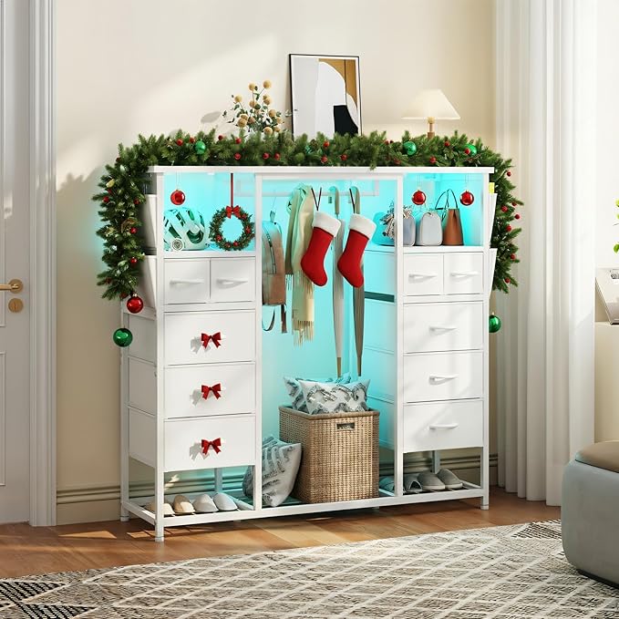 51.2" H White Dresser with Hanging Rack, 10 Drawers Dresser for Bedroom, Fabric Chest of Drawers with LED Lights & Charging Station, Wooden Top & Sturdy Frame, White