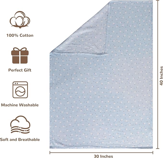 NTBAY 2 Layer Muslin Cotton Baby Swaddle Blanket, 30x40 Soft and Breathable Receiving for Newborns and Infants, Perfect for Crib, Stroller, Travel, Lightweight Nursery Blanket, Cloudy Bunny