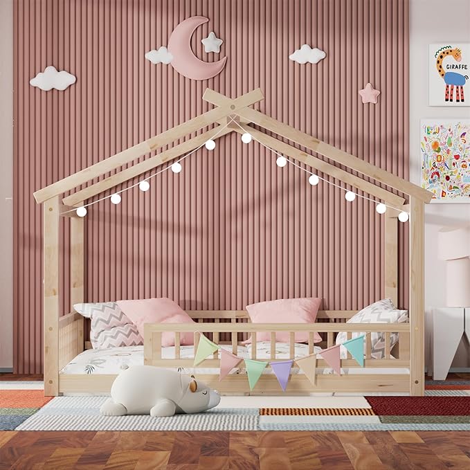 LLS Full Size House Bed with Fence, Wooden Montessori Bed with Slats Support, Floor Bed Frame for Boys Girls Bedroom, Natural
