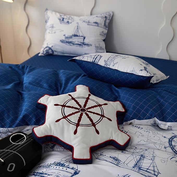 Simple&Opulence 100% Organic Cotton Duvet Cover for Kids Teens,3 Pieces Soft Cartoon Comforter Cover with Zipper Closure, Boys Bedding Set with Sailboat Pattern,Twin