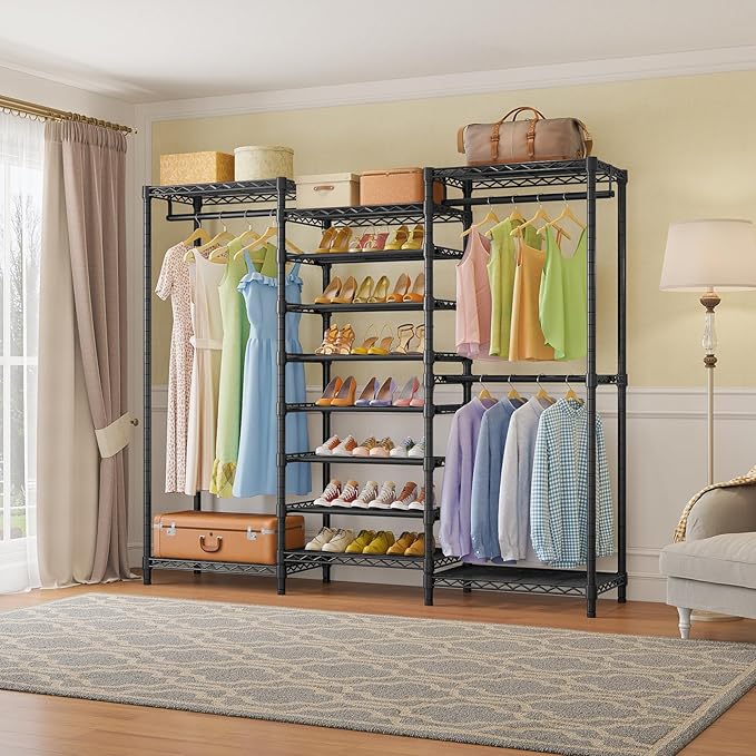VIPEK S3 Heavy Duty Garment Rack Freestanding Clothes Rack Closet Storage Organizer Large Wardrobe with 6-Tier Shoe Rack, Hanging Rod, Adjustable Shelf, 68.9" L x 15.7" W x 76.4" H, Black