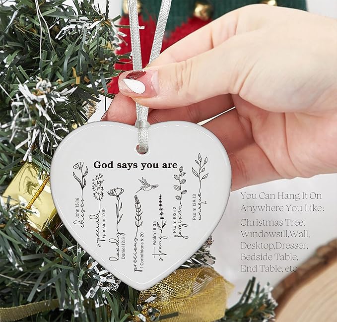 Heart Shaped Christmas Ornament-Christian Scripture Gift for Women-God Says You are Affirmation Religious Bible Verse Keepsake-Inspirational Birthday or Graduation Ornament Home Decor